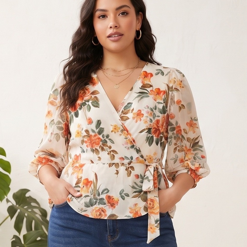 PerSeption Floral Wrap Blouse Womens 2X White Orange NWT Chiffon Balloon‎ Sleeve